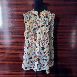 Cabi Sleeveless Floral Ruffle Front Blouse - Cream/Multicolor Size Small